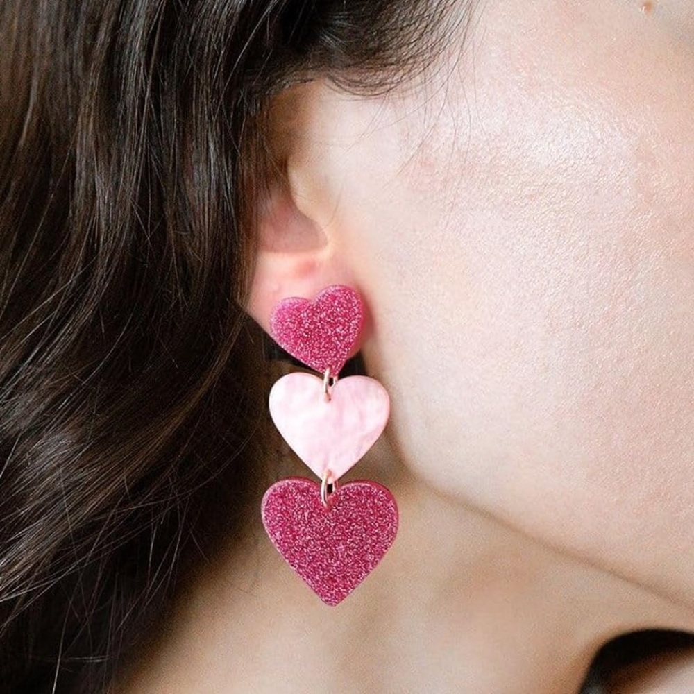 NWT Boutique Barbie Pink Heart Glitter Dangle Postback Earrings Fashion Jewelry